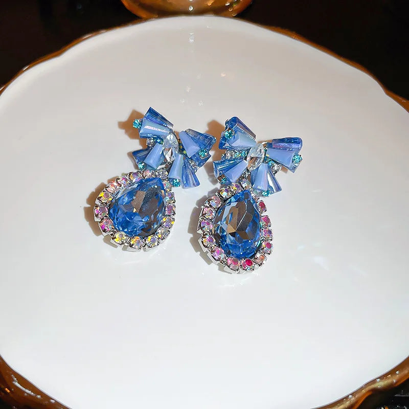 Lizakosht Minar Luxury Blue Crystal Rhinestones Bowknot Water Drop Dangle Earrings for Women Bridal Jewelry