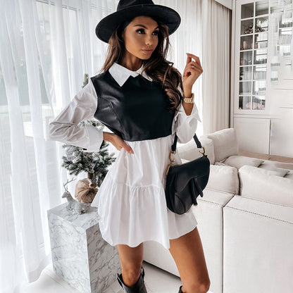 Plaid Shirt Casual Vestidos Long Sleeve White Short Dress For Women Summer PU Leather Patchwork Sweet Office Ladies Mini Dresses