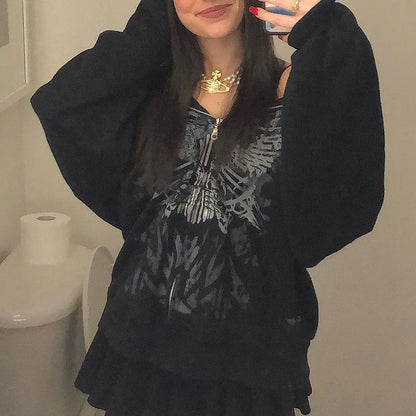 Dark personality printed hoodie female American  new black hooded zipper coat loose casual top