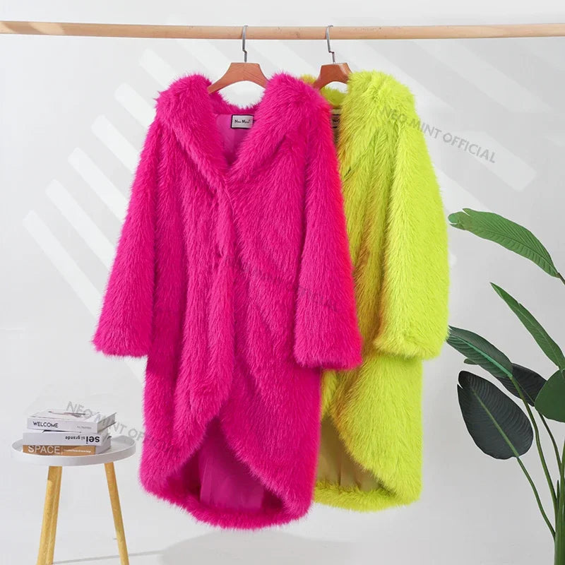 Women Luxury Brand Runway Fashion Long Hooded Faux Fur Coat Jacket Ins Nicki Minaj Neon Green Chunky Overcoat Outerwear