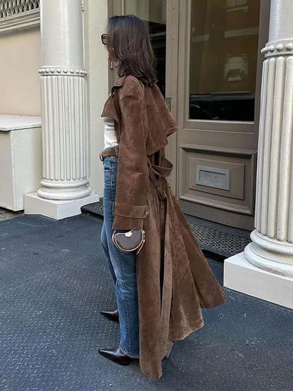 Fashion Solid With Belt Suede Long Jacket 2024 Women Chic Button Lapel Oversize Loose Overcoat Autumn Female High Street Coat