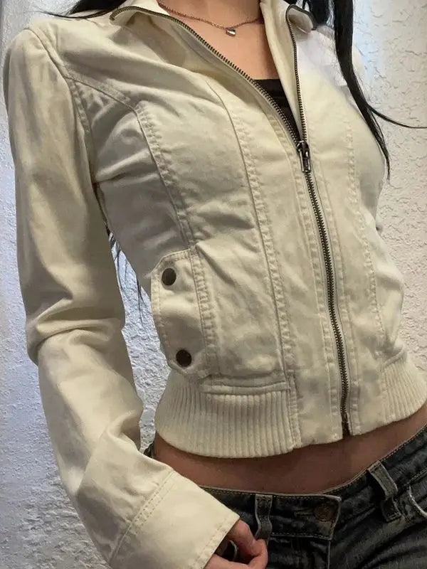 Voguable Vintage Cropped Jackets for Harajuku Casual Slim Fit Zipper Coat Y2K Streetwear Long Sleeve Outerwear