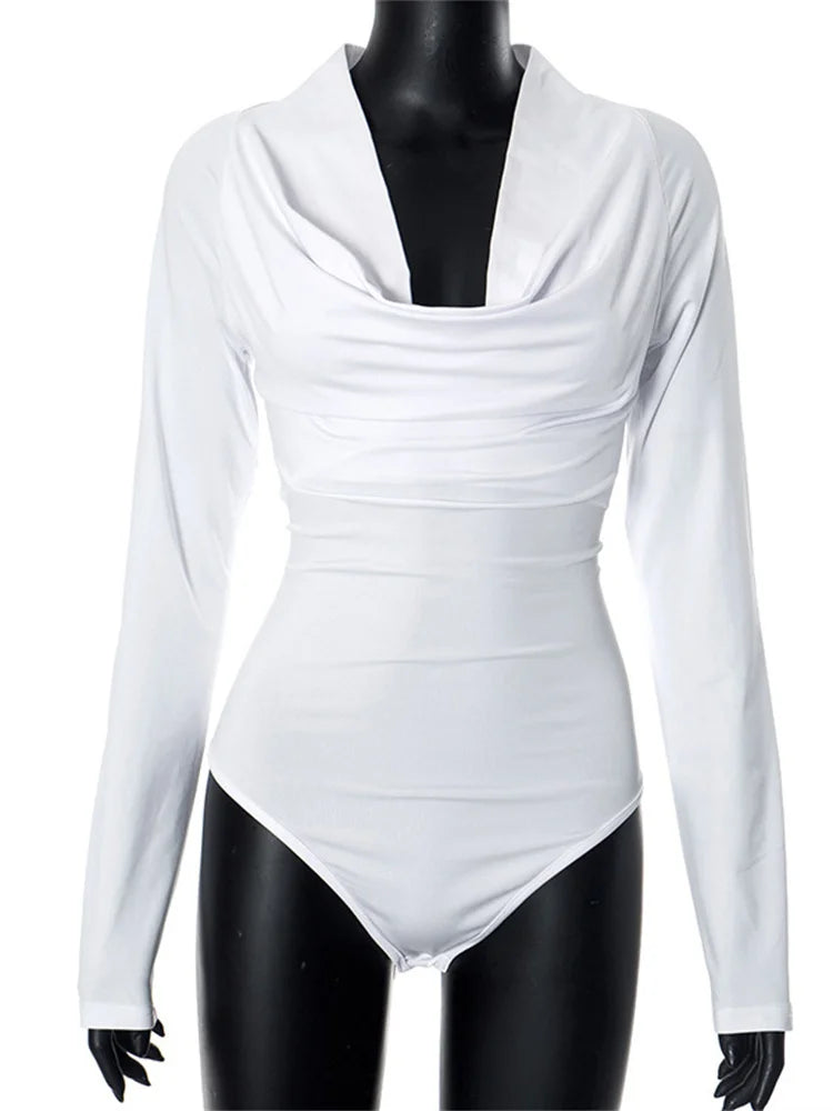 White V-Neck Elegant Jumpsuit Skinny Casual Long Sleeve Patchwork Top Clothes Solid 2025 Female Bandage Rompers Bodysuits