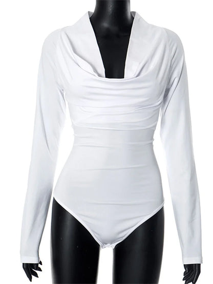 White V-Neck Elegant Jumpsuit Skinny Casual Long Sleeve Patchwork Top Clothes Solid 2025 Female Bandage Rompers Bodysuits
