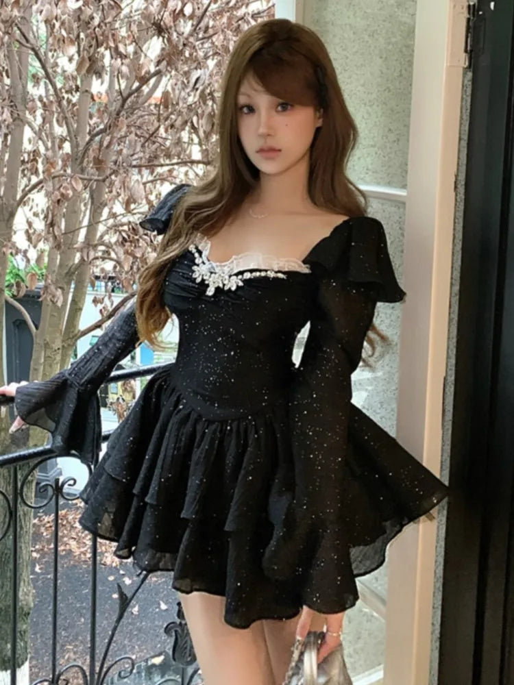 Y2K Black Short Dresses for Women Diamonds Square Collar Flare Sleeve High Waist A-line Birtheday Party Dress Prom Mini Vestidos