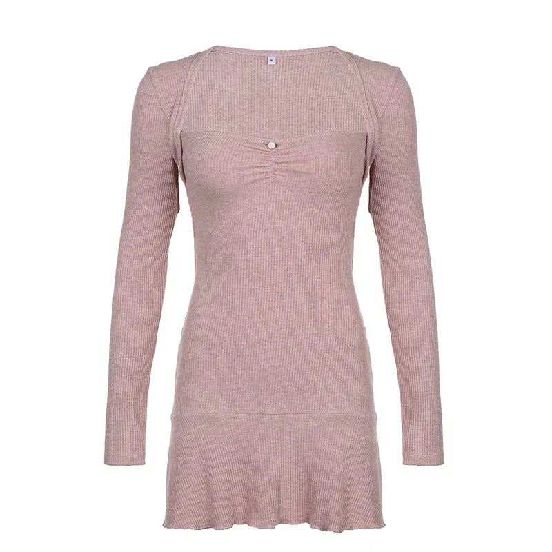 Cute Coquette Pink A-line Mini Dress Fairycore Sweet Full Sleeve Square Collar Short Dresses for y2k
