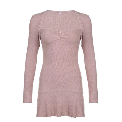 Cute Coquette Pink A-line Mini Dress Fairycore Sweet Full Sleeve Square Collar Short Dresses for y2k