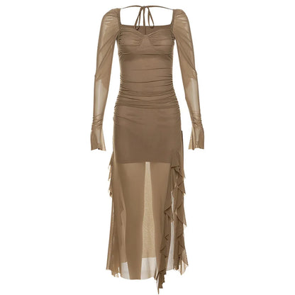 Y2k Gentle Temperament Ruffled Square Collar Slit Dress FeCross-Border Solid Color Long Sleeve Strap Wrapped Hip Long Dress