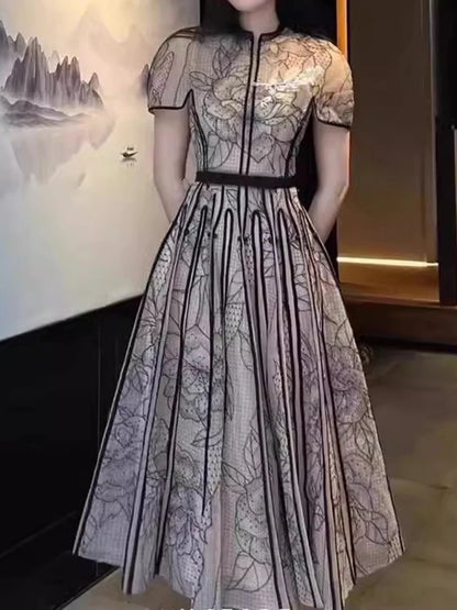 Vintage Party Dress Fashion O Neck Short Sleeve Lace Mesh Embroidery Elegant Long Dresses For Women 2025 Spring Summer 8980