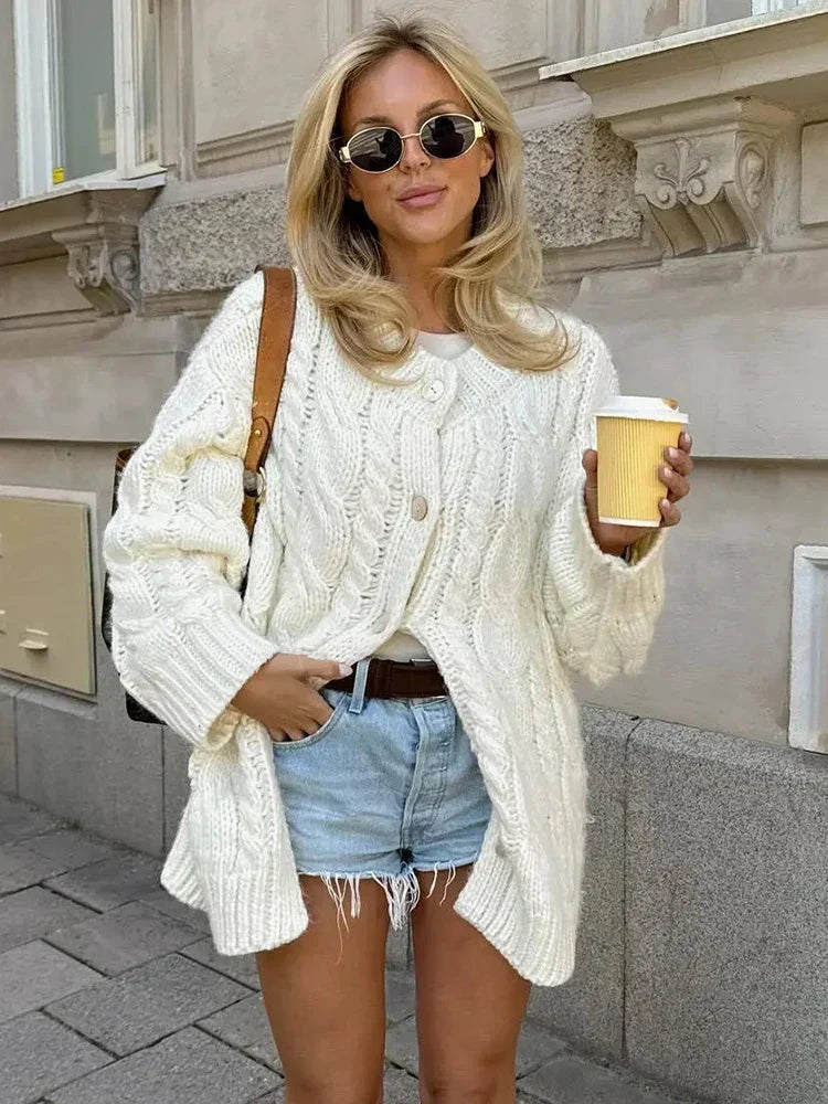 Beige Twist Knitted Cardigan Sweater Buttons Autumn Winter Women Loose Casual Long Cardigans Fashion New Female Sueter Mujer