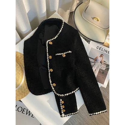 Vintage Tweed Jacket Women Elegant Cropped Quilted Coat Commute Black Blazer Winter Ladies Korean Short Outerwear Tops New