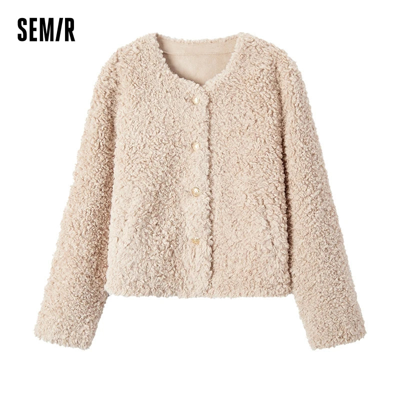 Coat Women Short Round Neck Slim Fit  Winter New Imitation Lamb Wool Jacket