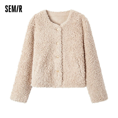 Coat Women Short Round Neck Slim Fit  Winter New Imitation Lamb Wool Jacket