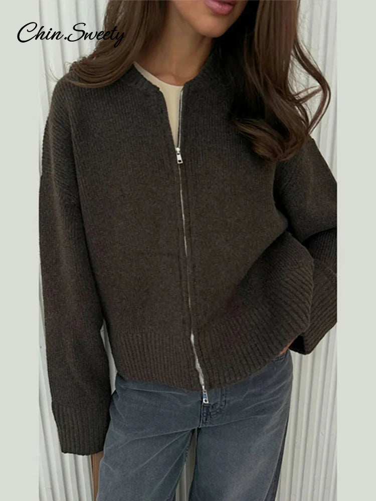 Autumn Winter Zipper O-neck Knitted Cardigans Women Solid Loose Long Sleeve Sweater Top  Fashion Lady All-matching Knitwear