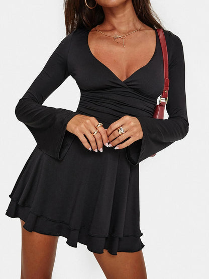 Black Slim V-Neck Low-Cut Long Sleeve Dresses Sexy Basic Women s New Clothes Tierred Ruched Short Vestido