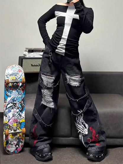 Black Ripped Wide Leg Pants