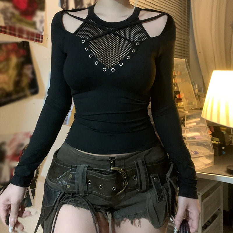 Gothic Style Fishnet Patchwork T-shirt Grommet Eyelet Fashion Black Off Shoulder Fitted Top 2000s Vintage Streetwear