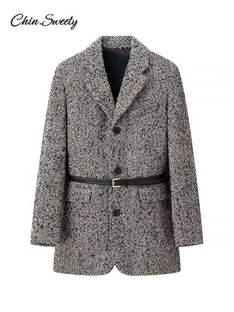 Winter With Belt Blazer Coat Women Loose Lapel Tweed Wool Blends Warm Jacket Fashion Temperament Commuting Lady Elegant Outwear