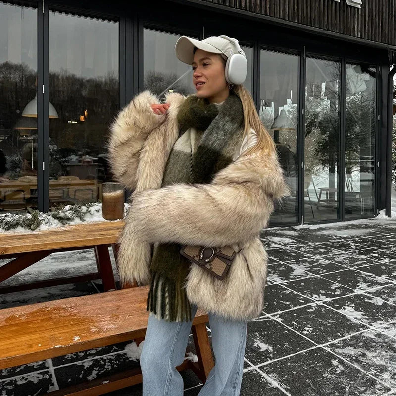 Luxury Brand Fluffy Faux Fur Jacket Women Winter Long Thicken Warm Gradient Fox Fur Coat Streetwear Furry Overcoat