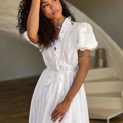 Leisure V-Neck Lace Up White Maxi Dress For Women Solid Color High Waisted Short Sleeves Ruched Patchwork Girdle Dress