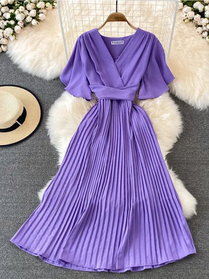 Women Elegant Pleated Dress Summer Short Sleeve V-neck Vintage Dresses Ladies A Line High Waisted Midi Dress