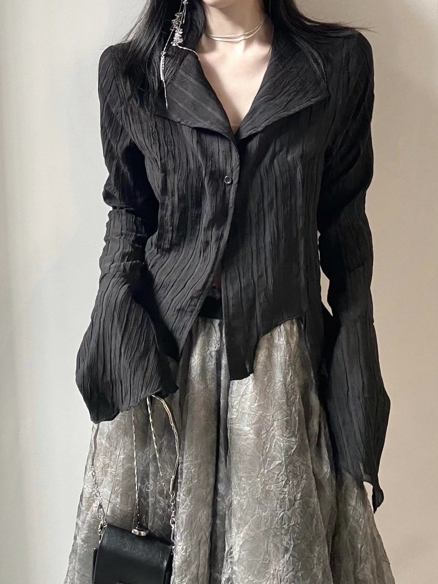 Voguable Gothic Black Shirt Yamamoto Style Dark Aesthetic Blouse Irregular Designer Clothes Emo Alt Clothes Grunge Tops Y2k