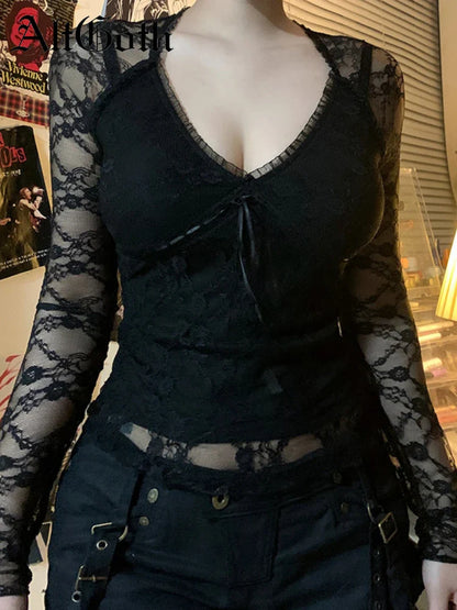 Lace Trim Long Sleeve Mesh Top
