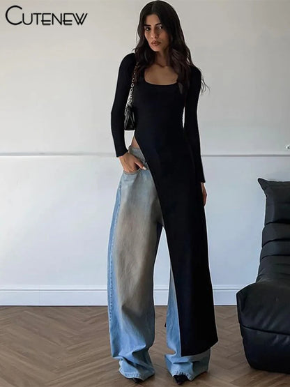 Solid Super Long Tops Women Casual Fashion Full Sleeve Square Neck Splited Skinny Tees Solid Concise Female Classic Wear