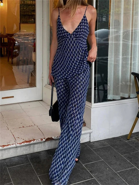 Printed Fashion Women’s Pants Outfits V-Neck Contrast Slim Pullover And Wide Leg Trousers 2 Piece-Set Clothes Casual Sets