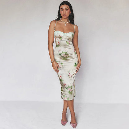 Silk Strap Lace Backless Floral Dress