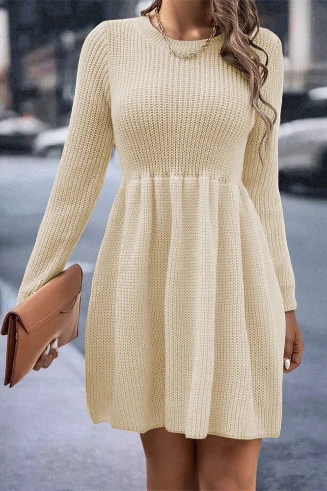 Pleated Long Sleeve Mini Dress with High Waist
