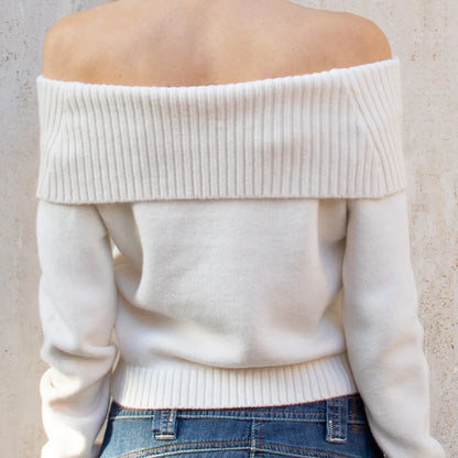 Solid Color Off Shoulder Women Sweater Minimalism Long Sleeve Knitted Jumper Casual Fashion Winter Pullovers Street