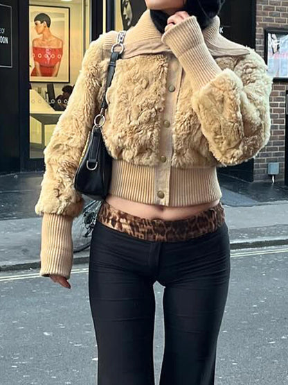 Solid Fluffy Turn-Down Collar Jacket Women s Autumn Winter New Slim Button Cropped Coat Retro Fashion