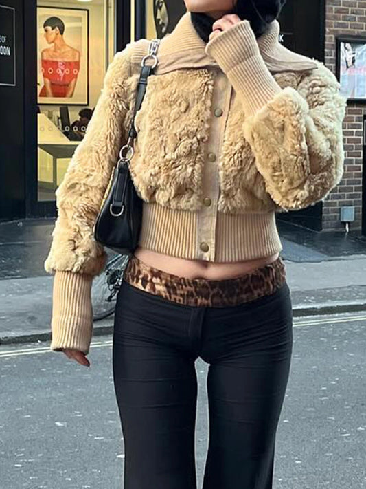 Solid Fluffy Turn-Down Collar Jacket Women s Autumn Winter New Slim Button Cropped Coat Retro Fashion
