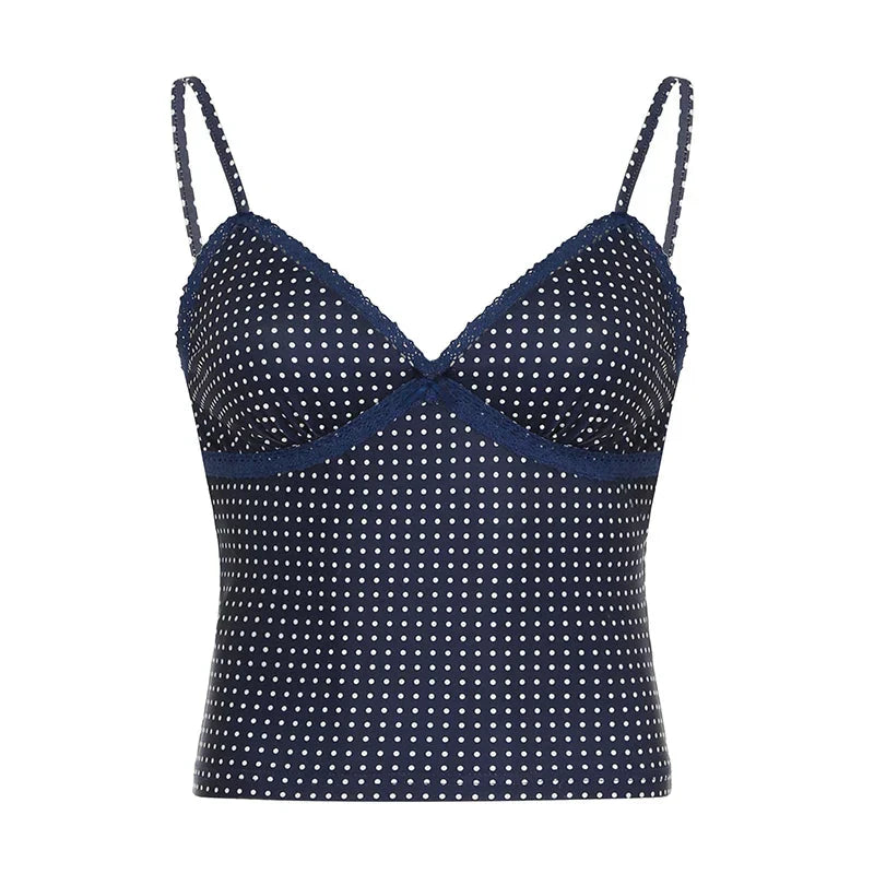 y2k Polka Dot Crop Top Casual Lace Stitching Sleeveless Skinny Strap Tops Basic Camisole Streetwear Tees Aesthetic