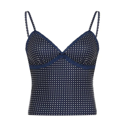 y2k Polka Dot Crop Top Casual Lace Stitching Sleeveless Skinny Strap Tops Basic Camisole Streetwear Tees Aesthetic