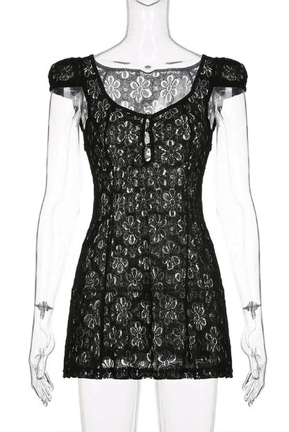 Lace Short Sleeve V-Neck A-Line Mini Dress