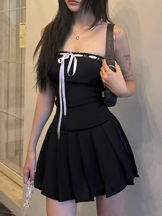 Korean Fashion Contrast Tie Bow Strapless A Line Pleated Dress Women Cute Sweet Kawaii Clothing