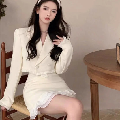Autumn New Luxury Two-piece Skirt Set Women Lapel Crop Jacket Ruffles Patchwork Bodycon Mini Skirt Korean Fashion Female Outfits