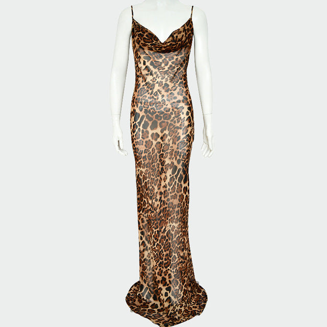 New Leopard Print Sexy See-Through Suspender Dress Fashion Backless Sleeveless Long Dresses High Waist Lace-Up Evening Dress