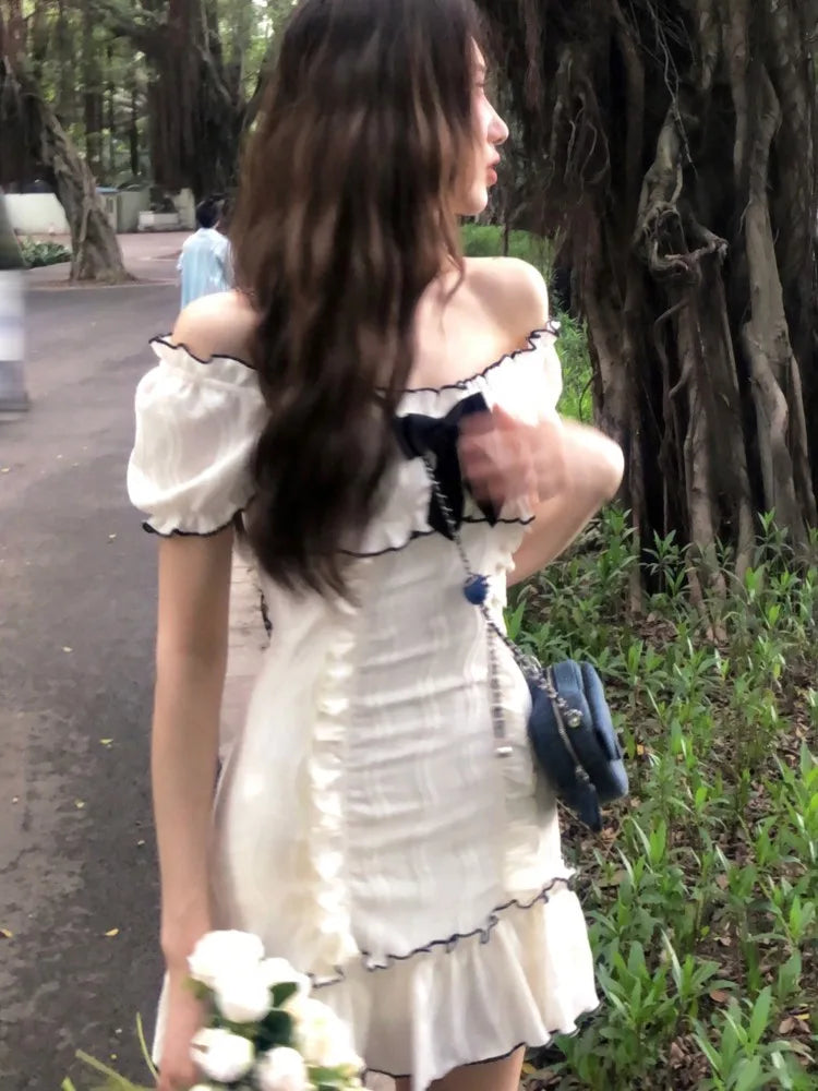 Y2K Ruffles Short Dresses for Women Slim Off Shoulder Puff Sleeve Birthday Party Dress Korean Fashion Summer New Vestidos Mujer