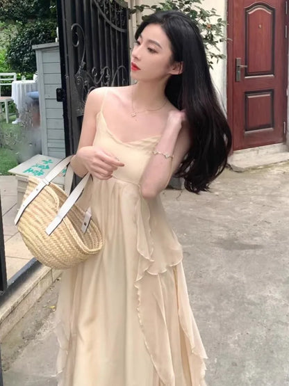 New Spaghetti Strap Elegant Dresses for Women Summer Ruffles A-line Holiday Beach Style Casual Party Dress Y2K Vestidos Mujer