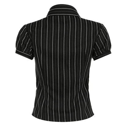 Voguable  Chic Elegant Striped Blouse French Style Button-up Turn-down Collar Shirt Vintage Streetwear Y2K Tops
