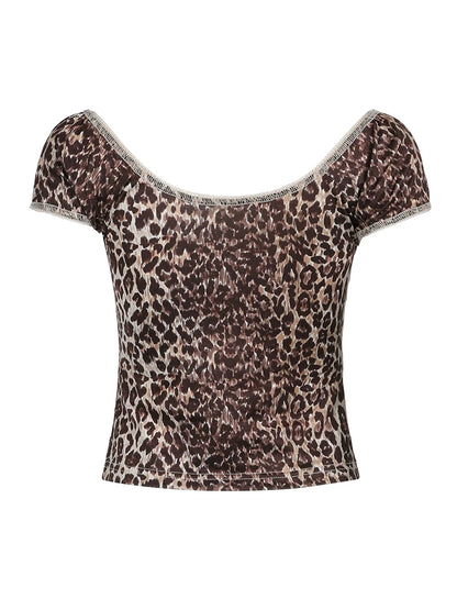 Off Shoulder V Neck Cute Y2K Sexy Leopard Top Tee Brown Vintage Aesthetic Slim Short Women Cropped T ShirtSleeve