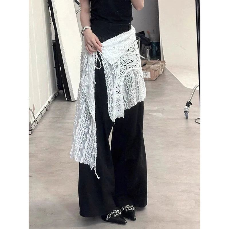 Y2K Irregular Mini Skirts Women Harajuku Aesthetic White Lace Tulle Bandage Skirt Japanese Vintage Hollow Out Faldas New