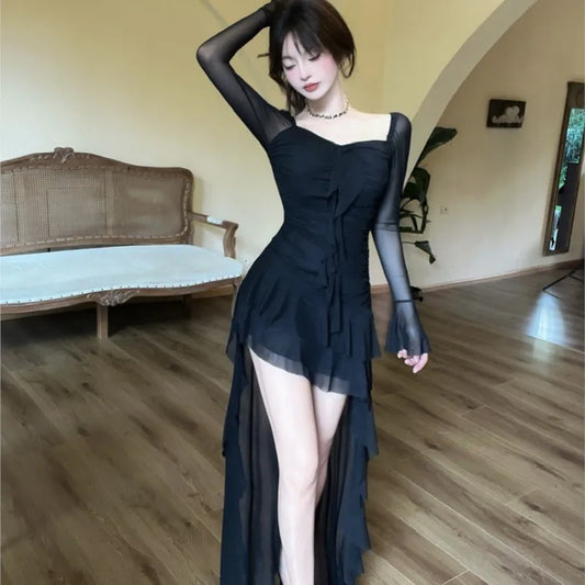 Y2K Irregular Evening Party Dress Mesh Long Sleeve Square Collar Ruffles A-line Sexy Dresses for Women Korean Fashion Vestidos