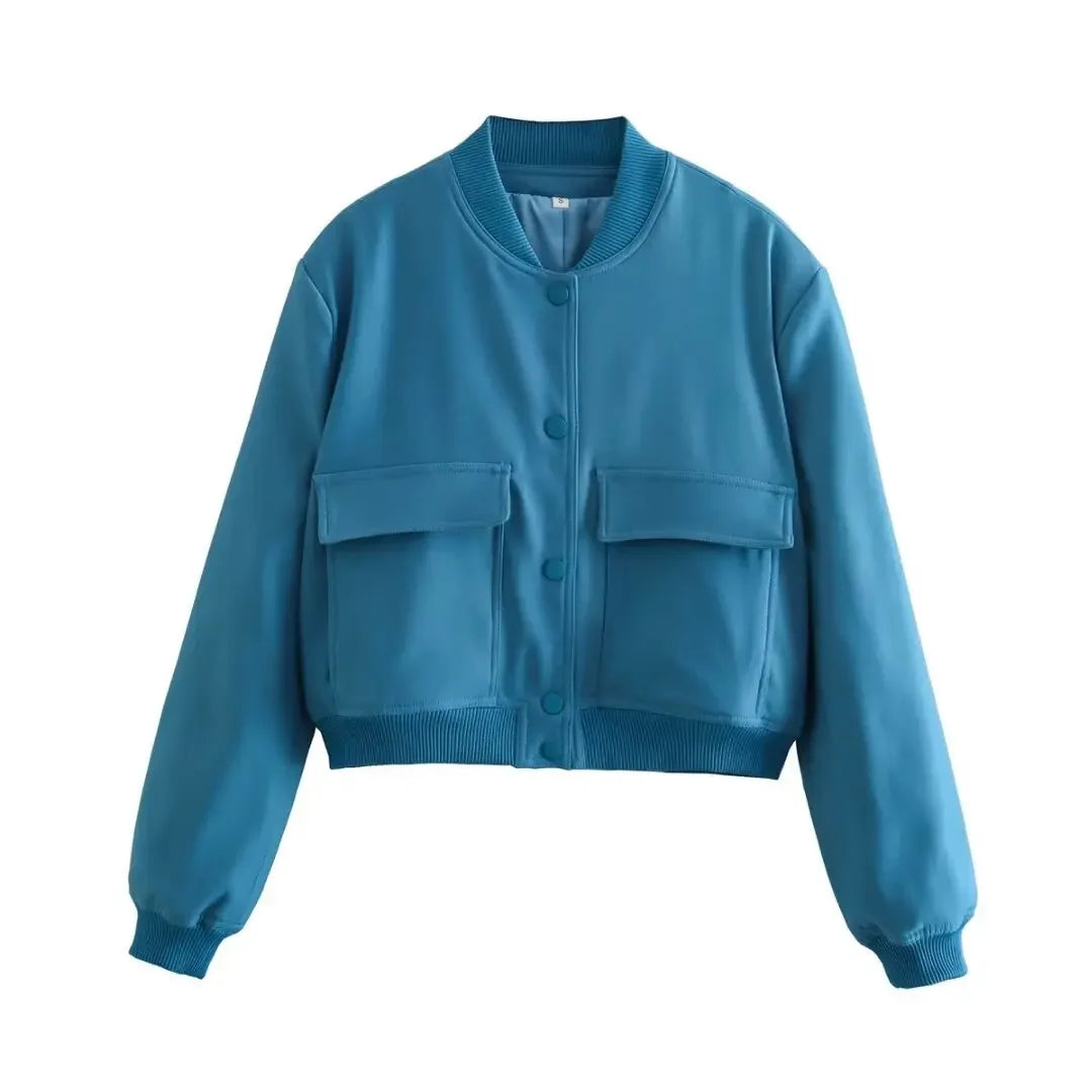 Basic Stand Collar Women Jacket Long Sleeve Cardigan Button Up Cropped Coat Baseball Outerwear Autumn Winter Clothes