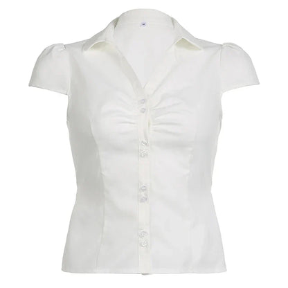 Vintage Folds Crop Top White Button Up Short Sleeve Blouse Bandage Korean T-shirt Casual Streetwear y2k Tee