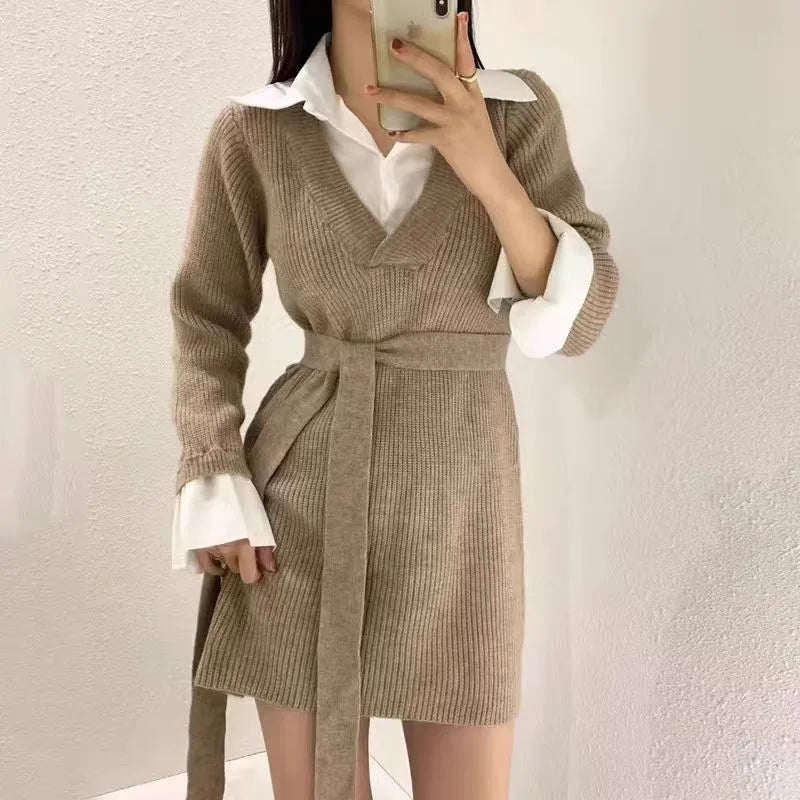 Korean Chic Mini Dresses Women Turn-down Collar Long Sleeve Shirt Patchwork Autumn Winter Knitted Dress Casual Fashion Vestidos