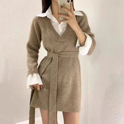 Korean Chic Mini Dresses Women Turn-down Collar Long Sleeve Shirt Patchwork Autumn Winter Knitted Dress Casual Fashion Vestidos